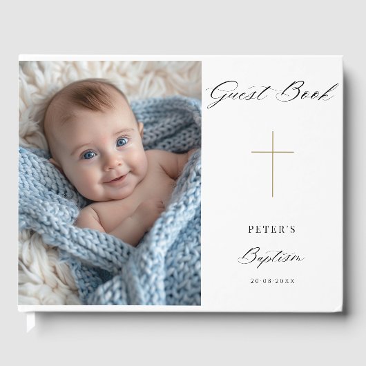 Eenvoudig Modern Script Cross Gold Baptism Foto Gastenboek (Voorkant)
