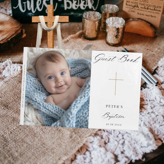 Eenvoudig Modern Script Cross Gold Baptism Foto Gastenboek
