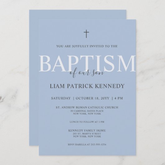 Eenvoudig modern Script Dusty Blue Baptism voor jo Kaart (Voorkant / Achterkant)