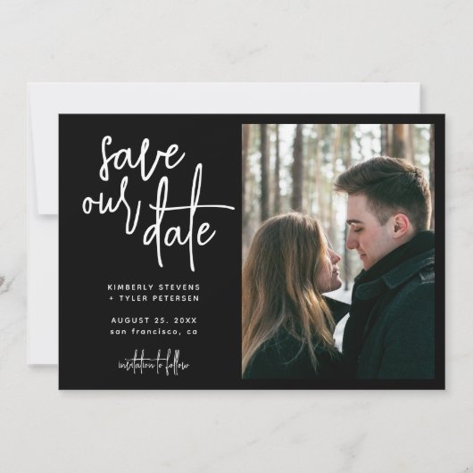 Eenvoudig modern script foto bruiloft save the date (Voorkant)