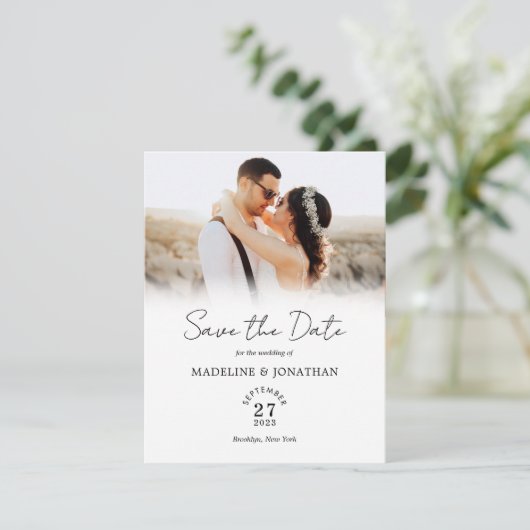 Eenvoudig modern script foto-bruiloft save the date (Staand voorkant)