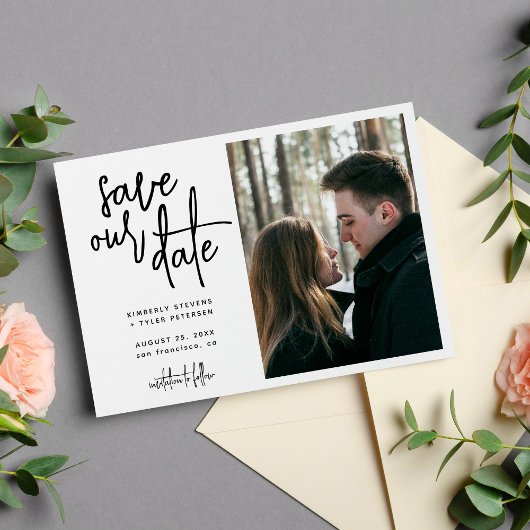 Eenvoudig modern script foto bruiloft save the date