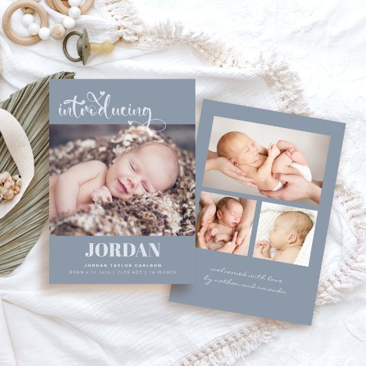 Eenvoudig modern script fotocollage blauw geboorte aankondiging