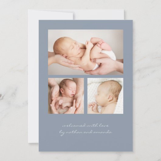 Eenvoudig modern script fotocollage blauw geboorte aankondiging (Achterkant)