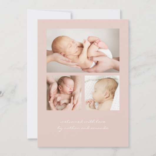 Eenvoudig modern script fotocollage roze geboorte aankondiging (Achterkant)