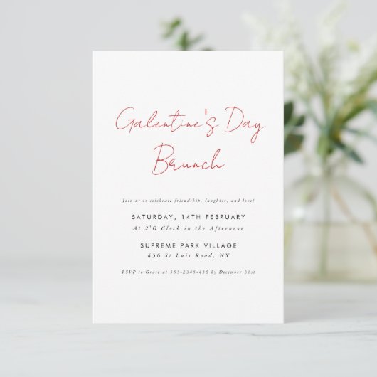 Eenvoudig Modern Script Galentines Day Brunch Part Kaart (Staand voorkant)