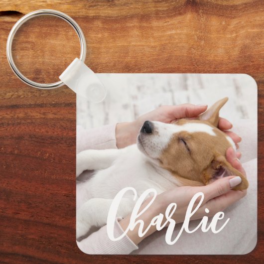 Eenvoudig Modern Script Hondennaam 2 Foto Sleutelhanger (Voorkant)