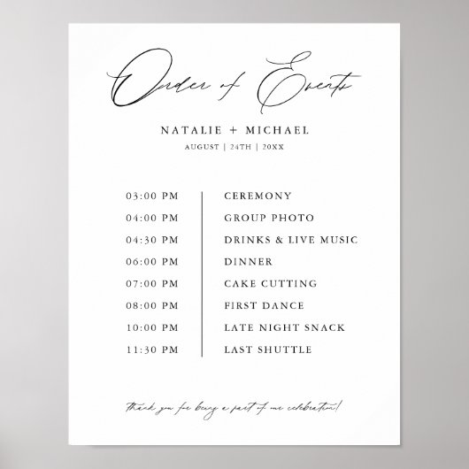 Eenvoudig modern script huwelijksvolgorde bord poster (Voorkant)