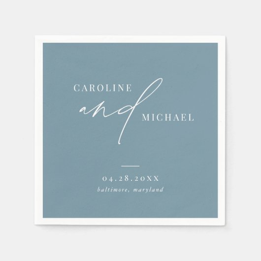 Eenvoudig Modern Script Namen Blauw Bruiloft Servet (Voorkant)