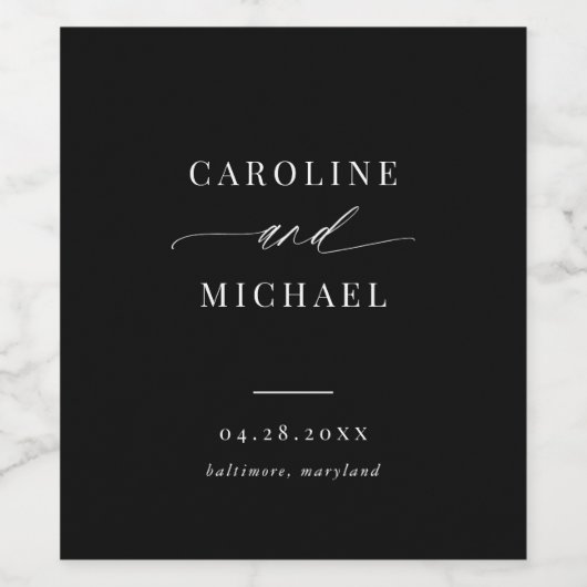 Eenvoudig modern script Names Black Wedding Wijn Etiket (Enkel label)
