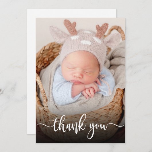 Eenvoudig Modern Script Newborn Baby Foto Dank u Bedankkaart (Voorkant / Achterkant)