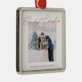 Eenvoudig modern script onze eerste kerstbruiloft metalen ornament (Rechts)