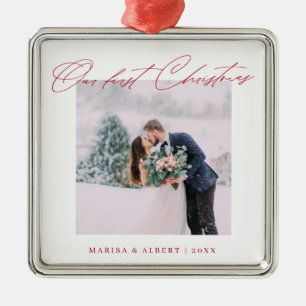 Eenvoudig modern script onze eerste kerstbruiloft metalen ornament