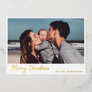 Eenvoudig, modern script, prettige kerstfoto Gold Folie Feestdagenkaart