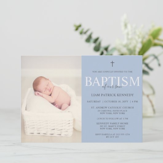 Eenvoudig modern script robuust blauw baptisme voo kaart (Staand voorkant)