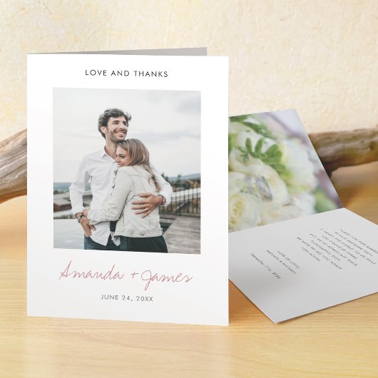 Eenvoudig modern Script Roos Gold Photo Wedding Bedankkaart