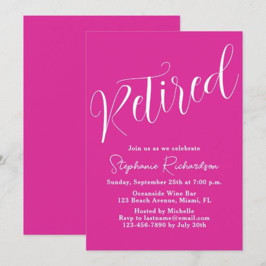 Eenvoudig Modern Script Roze Pensioenfeestje Kaart (Voorkant / Achterkant)