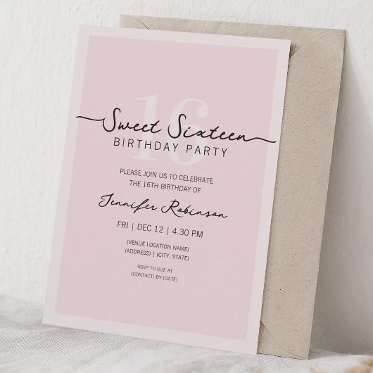 Eenvoudig Modern Script Sweet 16 Zestige Roze Kaart
