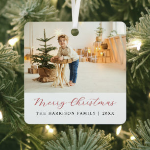 Eenvoudig Modern Script Vrolijk Kerstfeest Foto Metalen Ornament