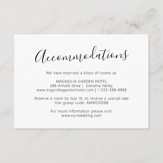 Eenvoudig Modern Script Wedding Hotel Accommodatie Informatiekaartje (Voorkant)