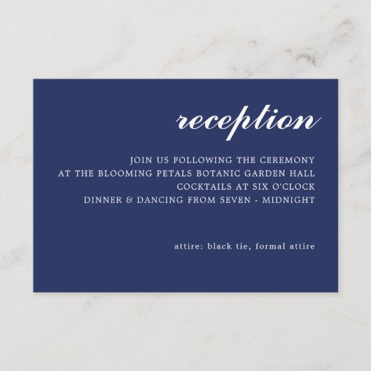 Eenvoudig Modern Script Wedding Receptie Navy Blue Informatiekaartje (Voorkant)