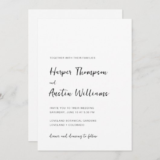 Eenvoudig modern script zwart-wit bruiloft kaart (Voorkant / Achterkant)