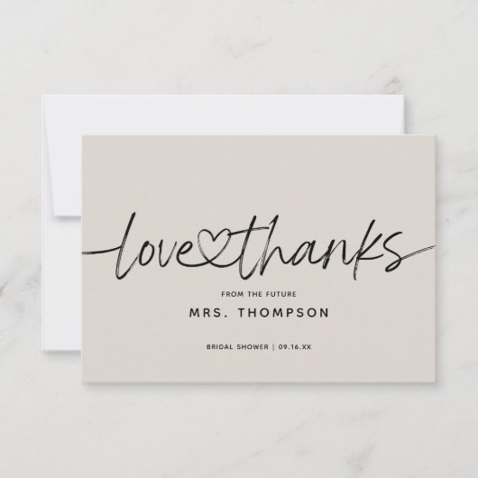 Eenvoudig modern scriptie bruidsfeest liefde en da bedankkaart (Voorkant)