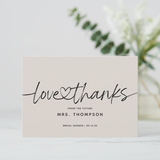 Eenvoudig modern scriptie bruidsfeest liefde en da bedankkaart (Staand voorkant)