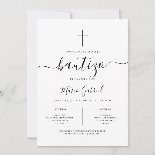 Eenvoudig modern Spaans Invitación de Bautizo Wit Kaart (Voorkant)