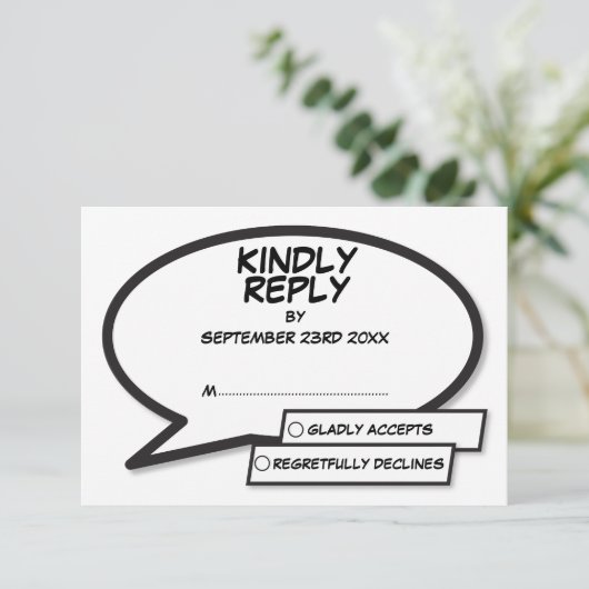 Eenvoudig modern stripboek Zwart-wit bruiloft RSVP Kaartje (Staand voorkant)