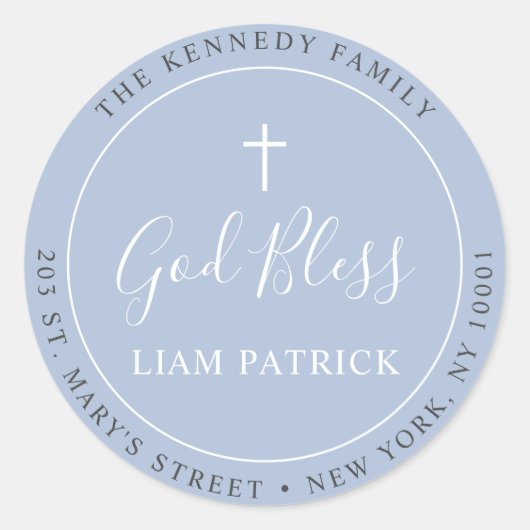 Eenvoudig modern Stusty Blue Baptism-adreslabel Ronde Sticker (Voorkant)