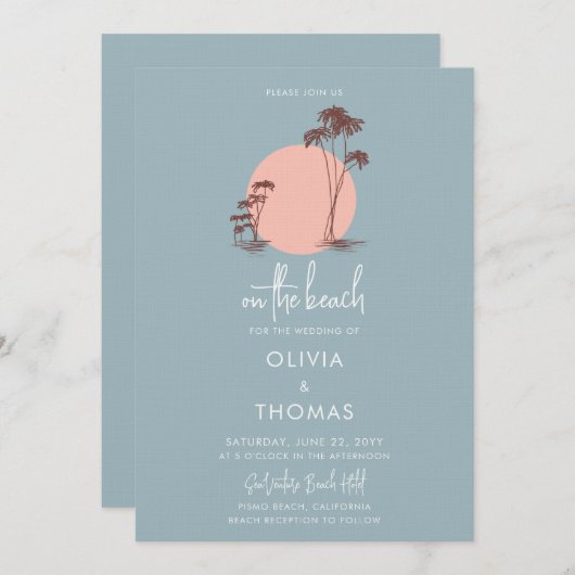 Eenvoudig modern Stusty Blue Palm Trees Beach Wedd Kaart (Voorkant / Achterkant)