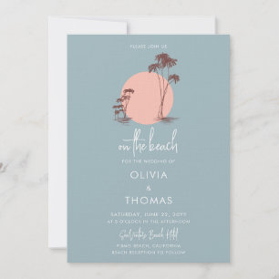Eenvoudig modern Stusty Blue Palm Trees Beach Wedd Kaart
