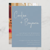 Eenvoudig modern Stusty Blue Script Photo Weddensc Save The Date (Voorkant / Achterkant)