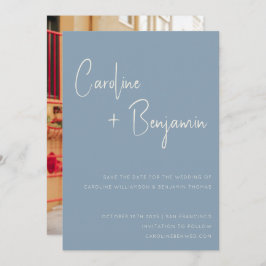 Eenvoudig modern Stusty Blue Script Photo Weddensc Save The Date