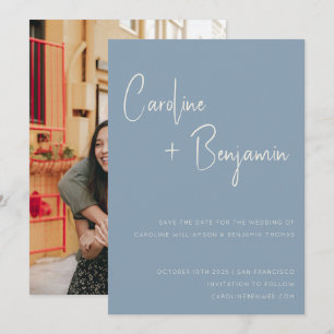 Eenvoudig modern Stusty Blue Script Photo Weddensc Save The Date
