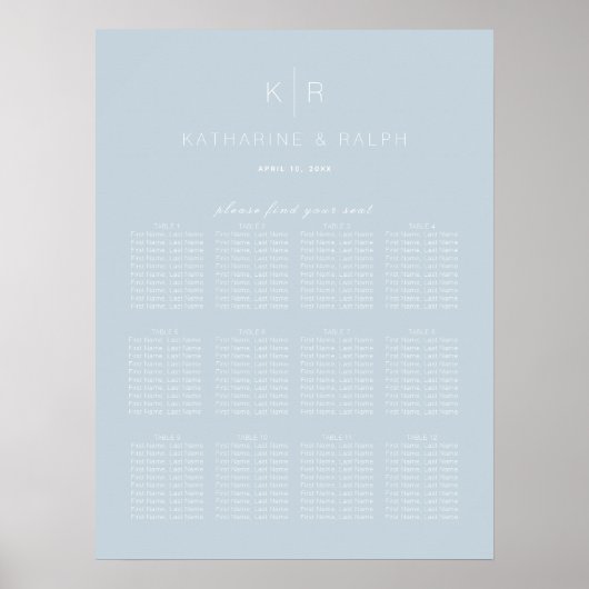 Eenvoudig modern Stusty Blue Wedding Seating Chart Poster (Voorkant)