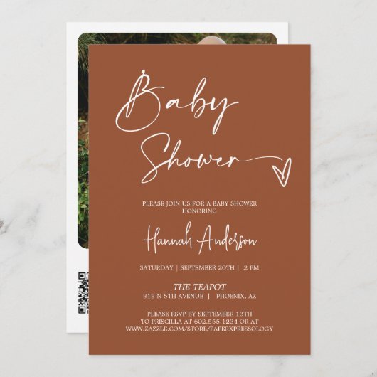 Eenvoudig Modern Terracotta Baby shower QR Code Fo Kaart (Voorkant / Achterkant)