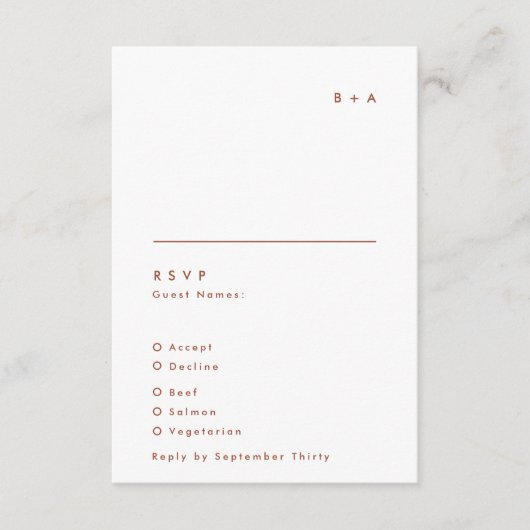 Eenvoudig modern Terracotta White Monogram Weddens RSVP Kaartje (Voorkant)