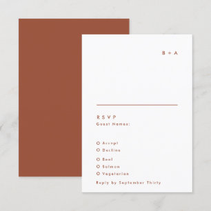 Eenvoudig modern Terracotta White Monogram Weddens RSVP Kaartje