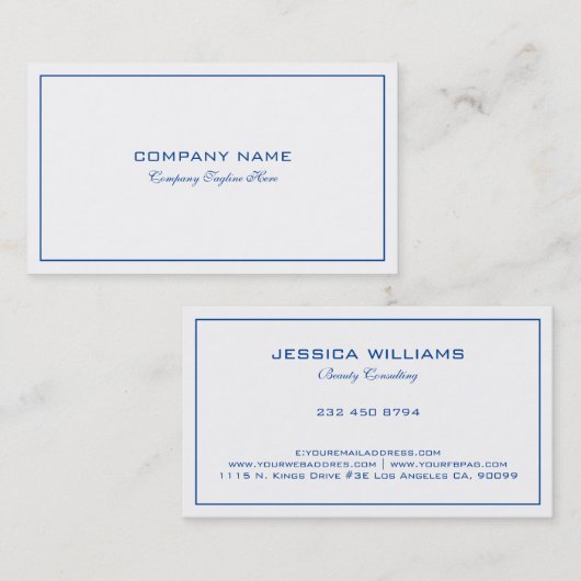 Eenvoudig Modern Tin Blauw Rand Op Wit Visitekaartje (Voorkant / Achterkant)