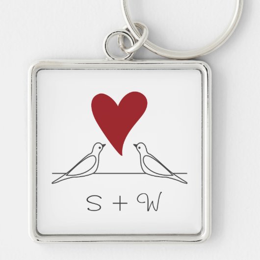 Eenvoudig modern Tortelduifjes Red Heart Monogram Sleutelhanger (Voorkant)