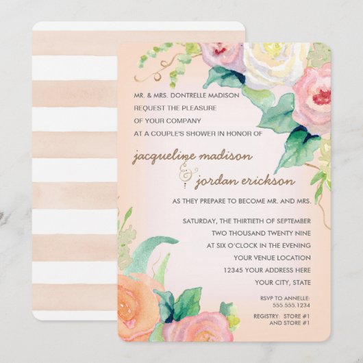 Eenvoudig modern Waterverf Floral Rozen Peach Kora Kaart (Voorkant / Achterkant)
