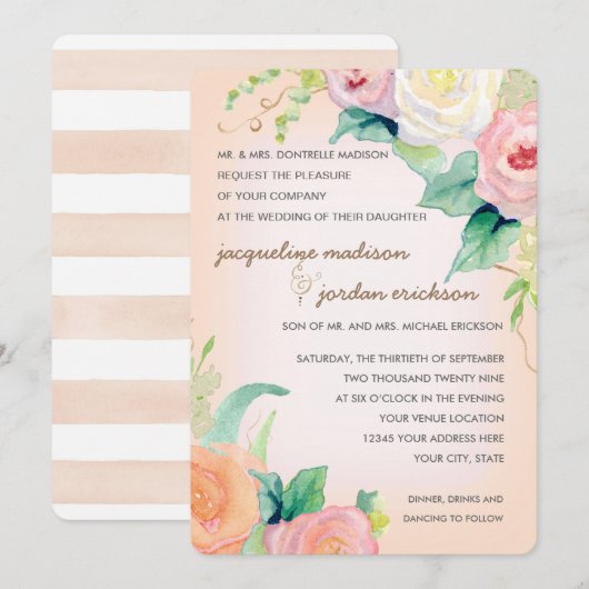 Eenvoudig modern Waterverf Floral Rozen Peach Kora Kaart (Voorkant / Achterkant)