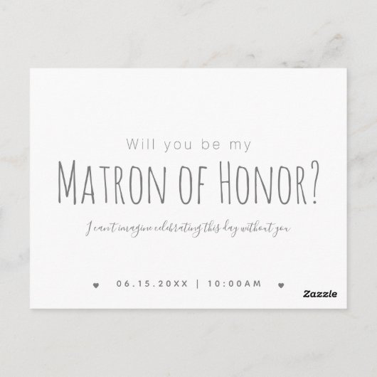 Eenvoudig Modern Will You Be My Matron of Honor Briefkaart (Achterkant)