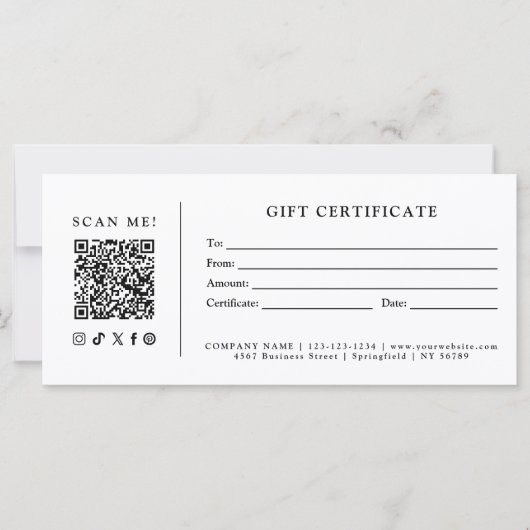 Eenvoudig Modern Zakelijk QR-code Cadeaubon (Voorkant)