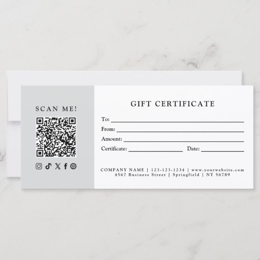 Eenvoudig Modern Zakelijk QR-code Cadeaubon (Voorkant)