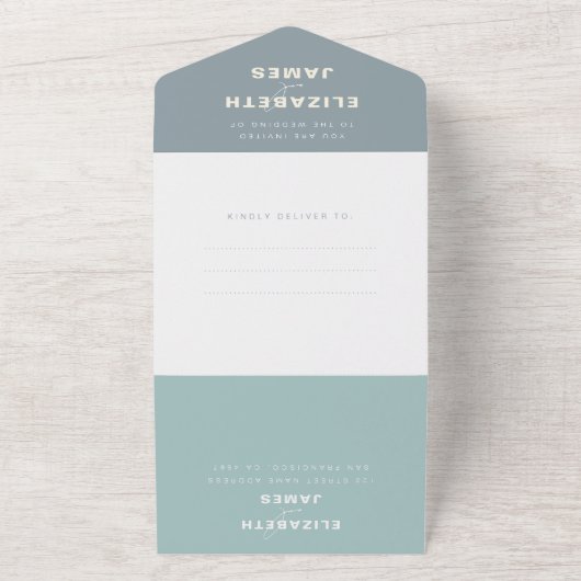 Eenvoudig modern Zee Glass Dusty Blue Beach Weddin All In One Uitnodiging (Buitenkant)