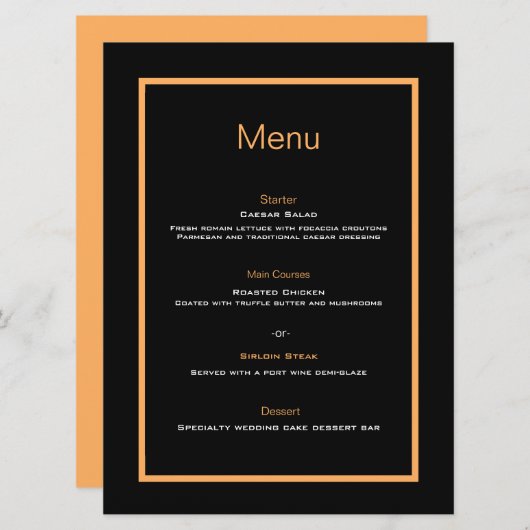 Eenvoudig modern zwart en oranje bruiloft platte m menu (Voorkant / Achterkant)