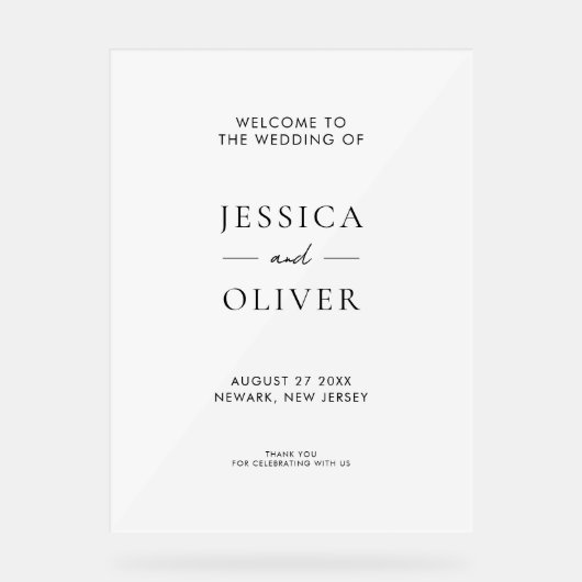 Eenvoudig modern, zwart en wit bruiloft welkom acryl bord (Voorkant)